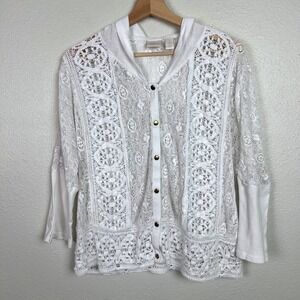Chico's Womens White Lace Hooded Cardigan Button Front Gold Snaps Size 2 Large